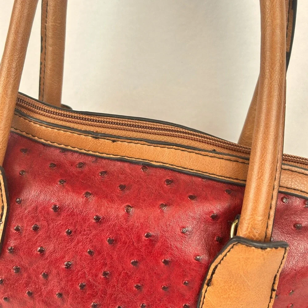 London Fog Red Ostrich Embossed Satchel Handbag Tan‎ Trim Gold Hardware